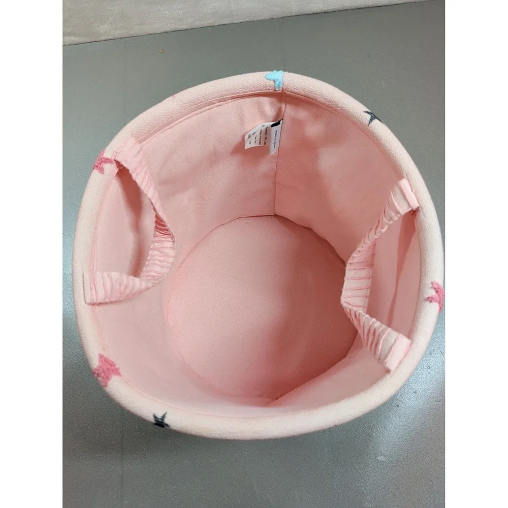 Believe In Magic Pink Cotton Canvas Storage Bin Star Embroidered Toy Basket 8in